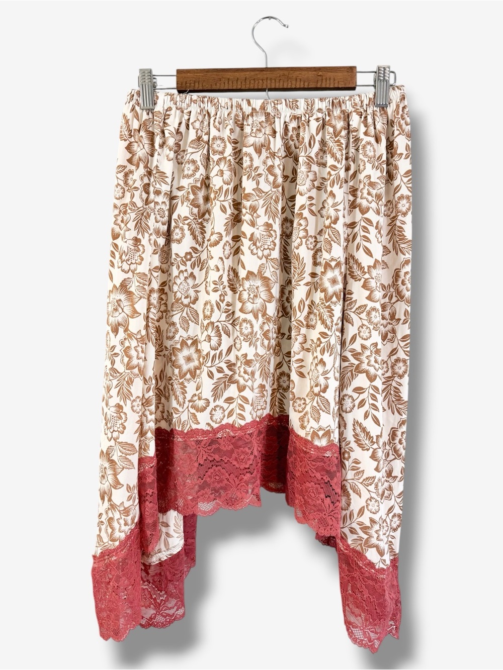Aerie Floral Midi Skirt Size S Handkerchief Lace Trim Hem Brown Burgundy Boho - Picture 5 of 9